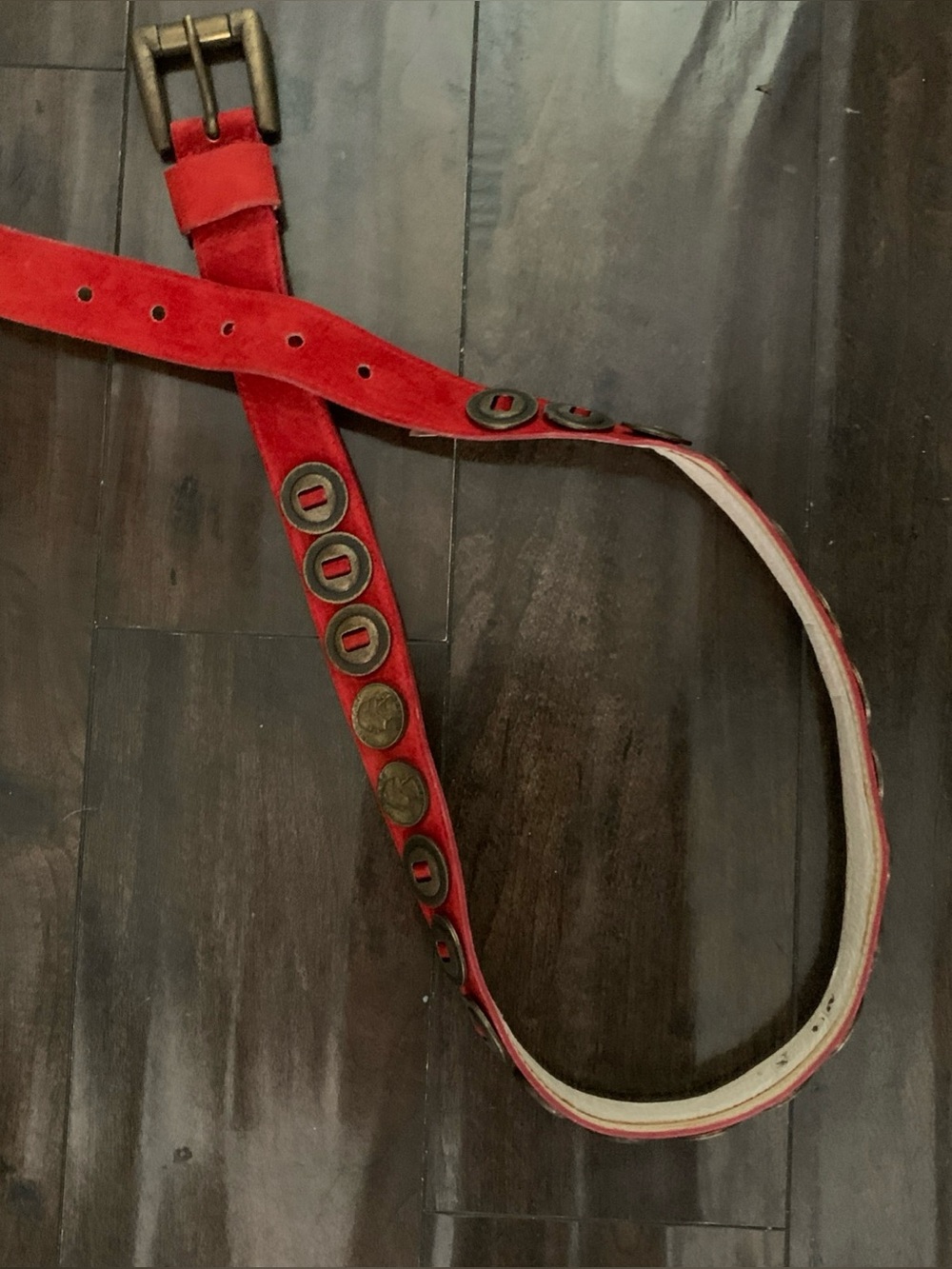 Aldo Red Suede Silver Quarters +Medallions Womens Belt Vintage Rare! 39”